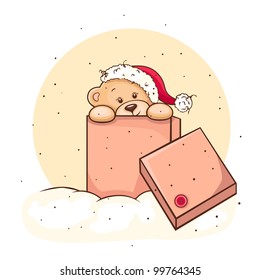 Hand drawn christmas teddy bear in box, for xmas design.