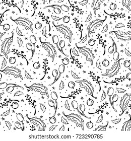 Hand drawn Christmas texture seamless with leaves, berries and stars