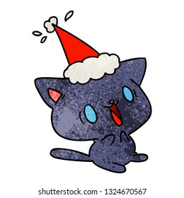 hand drawn christmas textured cartoon of kawaii cat