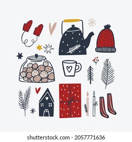 Hand drawn Christmas thing. Vector Celebration Illustration. Creative artwork. Winter set of decoration. Doodle Holidays background with breakfast and cozy things.
