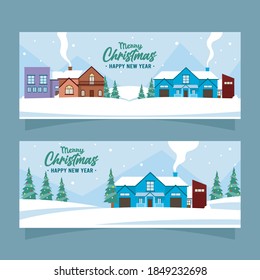 Hand Drawn Christmas Town Banners Template. Vector. Illustrator.