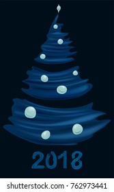 Hand Drawn Christmas Tree and 2018 on Dark Background