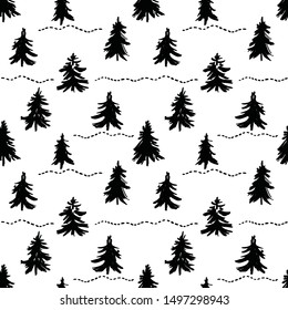 Hand drawn Christmas tree background. Monochrome. Drawn with a dry brush and black ink.