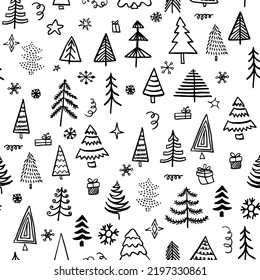 La mano dibujó el fondo del árbol de Navidad. Patrón sin fisuras de tinta de garabatos para Año Nuevo