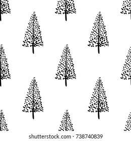 Hand drawn Christmas tree background. Doodle ink seamless pattern for New Year 2018.