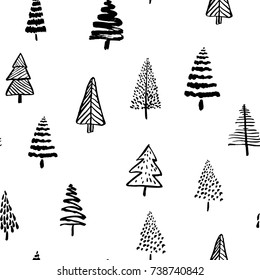 Hand drawn Christmas tree background  Doodle ink seamless pattern for New Year 2018 