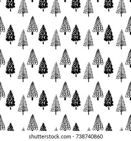 Hand drawn Christmas tree background. Doodle ink seamless pattern for New Year 2018.