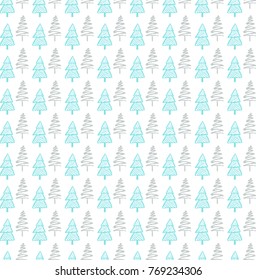 Hand drawn Christmas tree background. Doodle ink seamless pattern for New Year 2018.