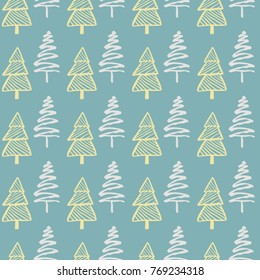 Hand drawn Christmas tree background. Doodle ink seamless pattern for New Year 2018.