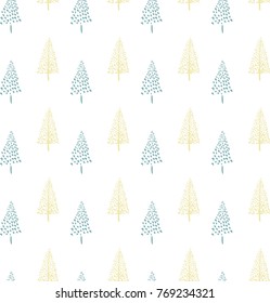 Hand drawn Christmas tree background. Doodle ink seamless pattern for New Year 2018.