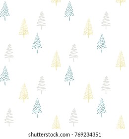 Hand drawn Christmas tree background. Doodle ink seamless pattern for New Year 2018.