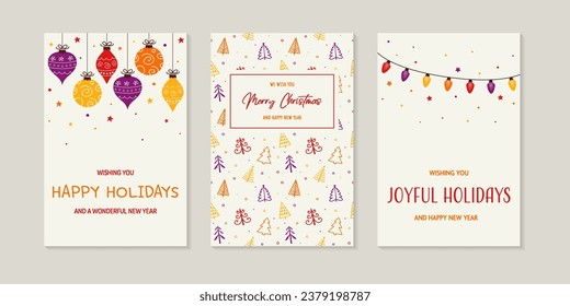 Hand drawn Christmas tree, ball and lights. Different greeting card set. Vector illustration 