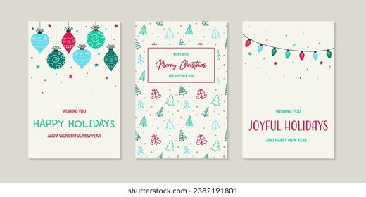 Hand drawn Christmas tree, ball and lights. Different greeting card set. Vector illustration 