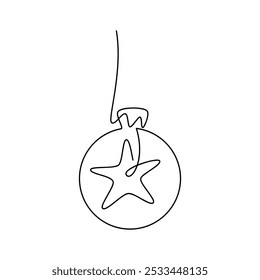 Dibujado a mano bola de árbol de Navidad chuchería línea de estrella Vector de dibujo continuo. Ilustración de Festiva, impresión mínima, Anuncio, tarjeta, cartel, signo, símbolo, logotipo, ornamento festivo, icono de contorno de decoración, postal