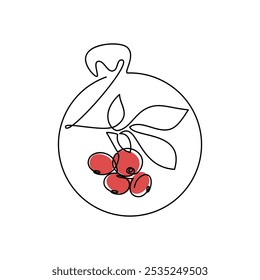 Bola de árbol de Navidad dibujada a mano bayas rojas. Vector de dibujo continuo de una línea. Ilustración de adornos festivos, impresión, Anuncio, tarjeta, cartel, signo, símbolo, adorno, icono de decoración de vacaciones.