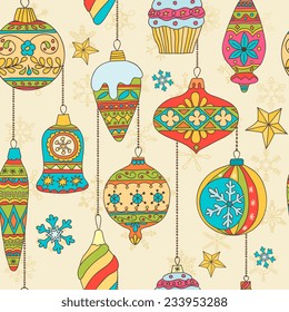 Hand drawn Christmas tree balls and snowflakes. Seamless pattern