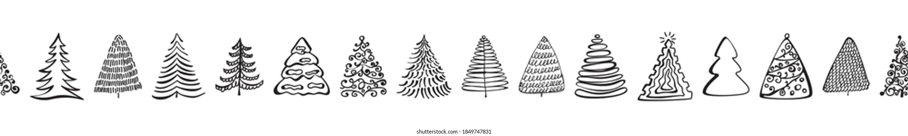 Hand drawn Christmas tree border isolated on white background. Xmas tree doodle divider, seamless line, new year sketch scribble fir line. Handdrawn vector imitation