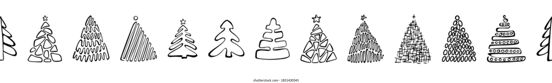 Hand drawn Christmas tree border isolated on white background. Xmas tree doodle divider, seamless line, new year sketch scribble fir line. Handdrawn vector imitation