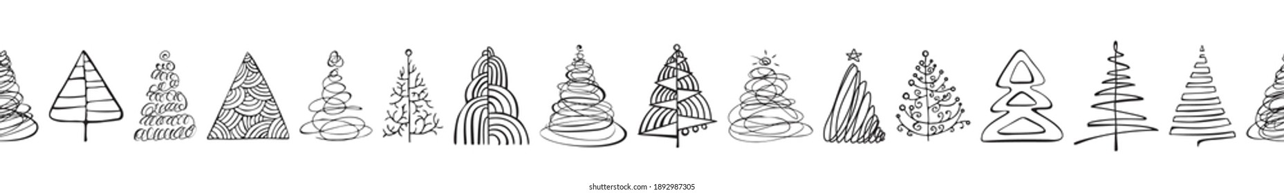 La mano dibujó el borde del árbol de Navidad aislado en el fondo blanco. Divisor de garabatos de árbol de navidad, línea sin fisuras, línea de fir de dibujo de año nuevo. Imitación de vector dibujada a mano