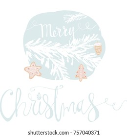 Hand Drawn Christmas tree branch with baked gingerbread cookies abstract cartoon illustration. Cute Merry Christmas holiday background for greeting cards, invitations, covers, wrapping, postcards.
