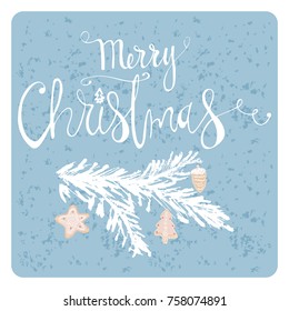 Hand Drawn Christmas tree branch with baked gingerbread cookies abstract cartoon illustration. Cute Merry Christmas holiday background for greeting cards, invitations, covers, wrapping, postcards.