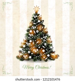 Hand drawn Christmas tree. Christmas card on cute vintage background