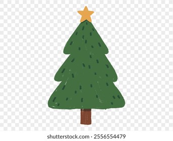 Hand drawn Christmas tree in chalk style with childlike lines on transparent background, perfect for festive designs. vector