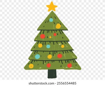 Hand drawn Christmas tree with chalk style decorations and childlike lines on  transparent background, perfect for festive designs. vector
