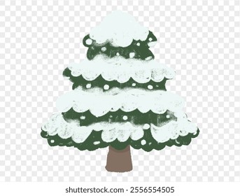 Hand drawn Christmas tree in chalk style with childlike lines and snow covered branches on transparent background, perfect for festive and winter-themed designs. Vector.