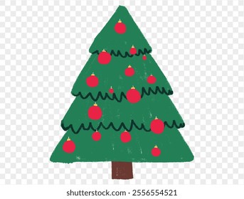 Hand drawn Christmas tree with chalk style decorations and childlike lines on  transparent background, perfect for festive designs. vector