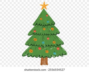 Hand drawn Christmas tree with chalk style decorations and childlike lines on  transparent background, perfect for festive designs. vector