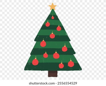 Hand drawn Christmas tree with chalk style decorations and childlike lines on  transparent background, perfect for festive designs. vector