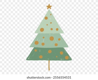 Hand drawn Christmas tree with chalk style decorations and childlike lines on  transparent background, perfect for festive designs. vector