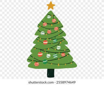 Hand drawn Christmas tree with chalk style decorations and childlike lines on  transparent background, perfect for festive designs. vector