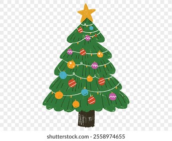 Hand drawn Christmas tree with chalk style decorations and childlike lines on  transparent background, perfect for festive designs. vector