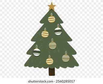 Hand drawn Christmas tree with chalk style decorations and childlike lines on  transparent background, perfect for festive designs. vector