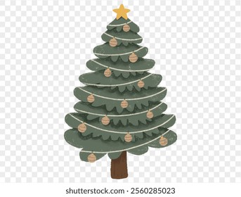 Hand drawn Christmas tree with chalk style decorations and childlike lines on  transparent background, perfect for festive designs. vector