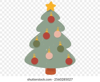 Hand drawn Christmas tree with chalk style decorations and childlike lines on  transparent background, perfect for festive designs. vector