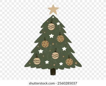 Hand drawn Christmas tree with chalk style decorations and childlike lines on  transparent background, perfect for festive designs. vector