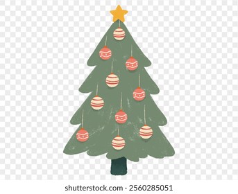 Hand drawn Christmas tree with chalk style decorations and childlike lines on  transparent background, perfect for festive designs. vector