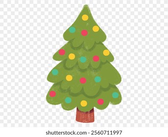 Hand drawn Christmas tree with chalk style decorations and childlike lines on  transparent background, perfect for festive designs. vector