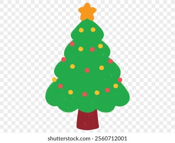 Hand drawn Christmas tree with chalk style decorations and childlike lines on  transparent background, perfect for festive designs. vector