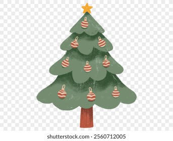 Hand drawn Christmas tree with chalk style decorations and childlike lines on  transparent background, perfect for festive designs. vector