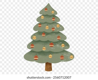 Hand drawn Christmas tree with chalk style decorations and childlike lines on  transparent background, perfect for festive designs. vector