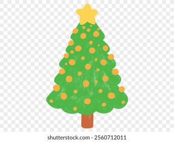 Hand drawn Christmas tree with chalk style decorations and childlike lines on  transparent background, perfect for festive designs. vector
