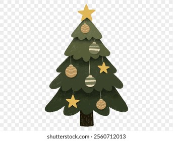 Hand drawn Christmas tree with chalk style decorations and childlike lines on  transparent background, perfect for festive designs. vector