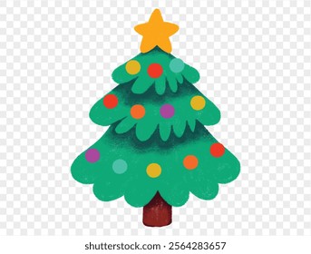 Hand drawn Christmas tree with chalk style decorations and childlike lines on  transparent background, perfect for festive designs. vector