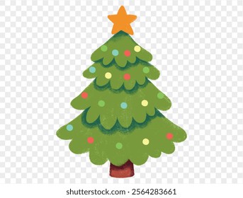 Hand drawn Christmas tree with chalk style decorations and childlike lines on  transparent background, perfect for festive designs. vector