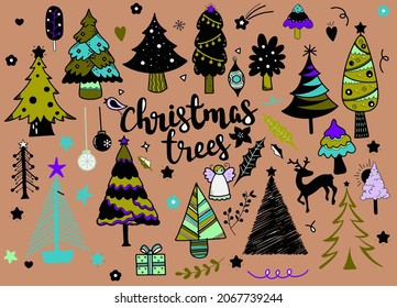Hand drawn christmas tree collection ,Festive christmas clipart elements collection 
