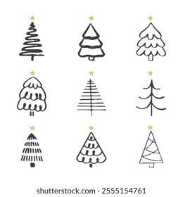 Hand drawn Christmas tree collection with golden stars. Doodle style festive trees for holiday decoration and winter designs. Vector illustration set.